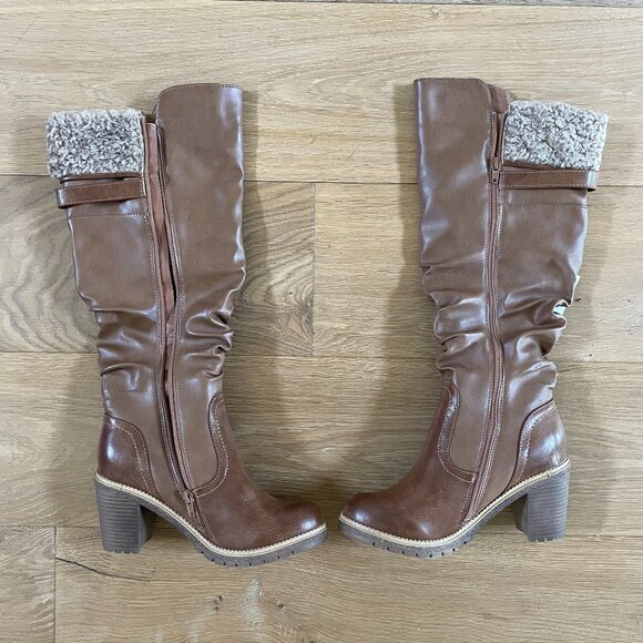 Women’s Size 8 Brown Heeled Bootstraps Brown Heeled Boots Faux Leather Faux Fur - Picture 2 of 10